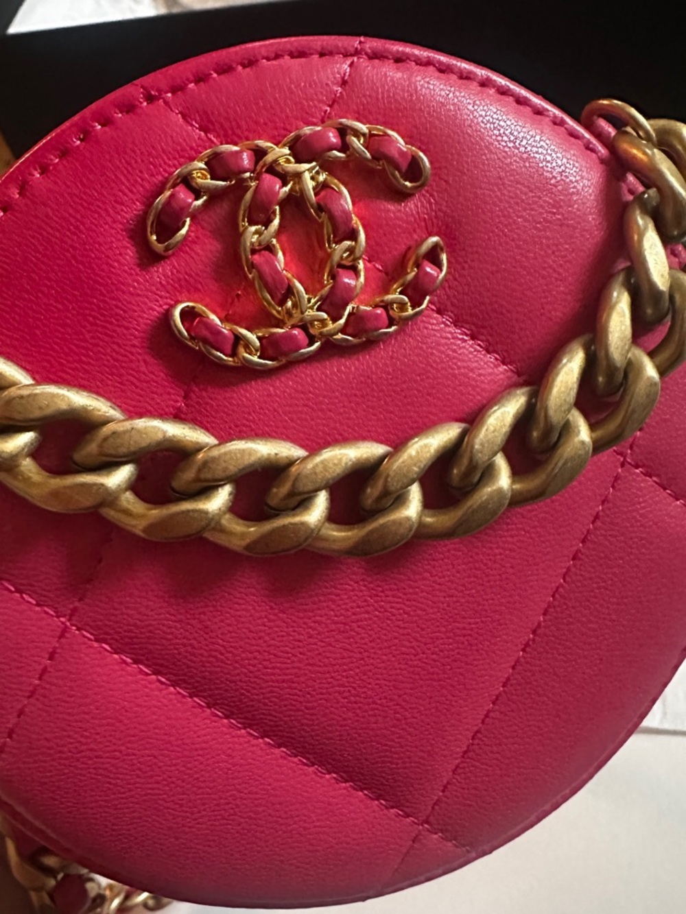 CHANEL Hot Pink Quilted Round Mini Crossbody with Gold Chain - Picture 8 of 16